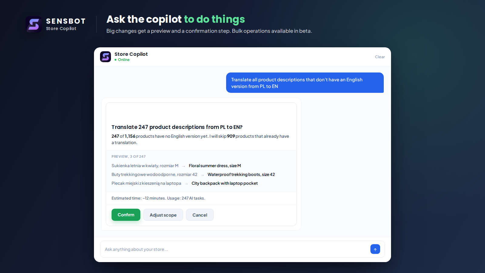 A bulk operation to translate 247 product descriptions, with a preview and Confirm, Adjust, or Cancel buttons